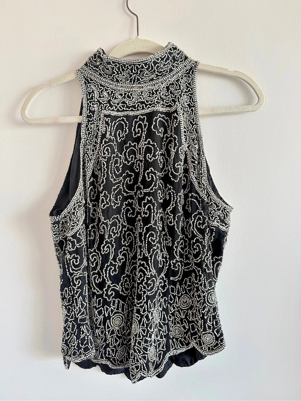 Adrianna Papell Paisley Beaded Tank Top in Black & Silver Size Large